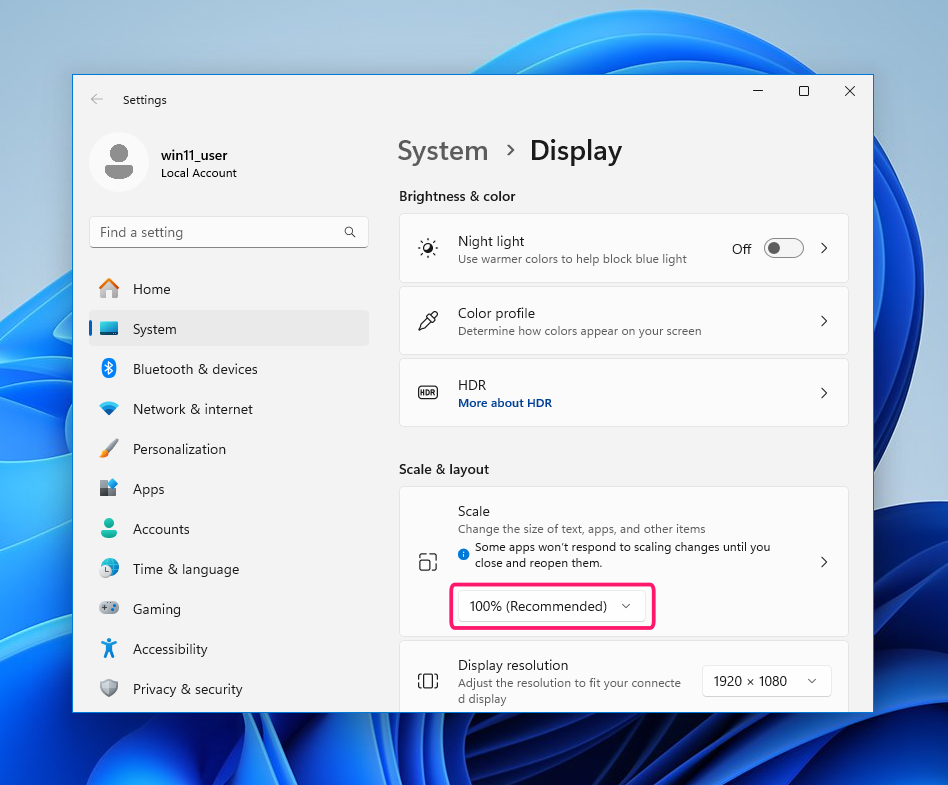 Default scaling in Windows 11