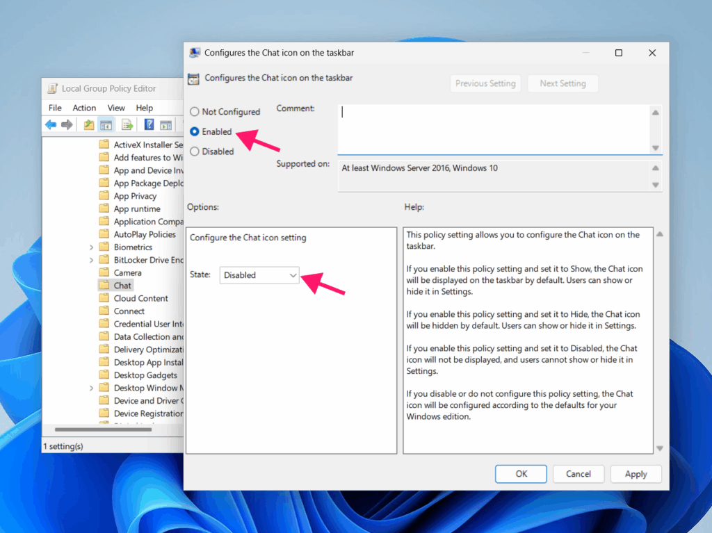Disable chat feature in gpedit