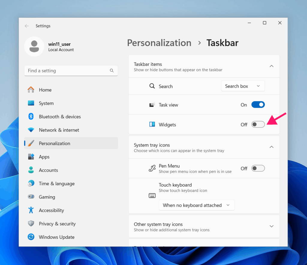Disable taskbar widgets