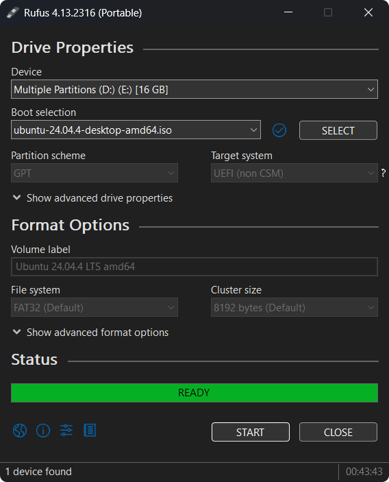 Final confirmation settings on Rufus