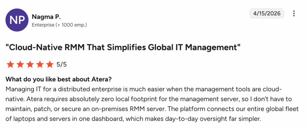 G2 user comment about Atera