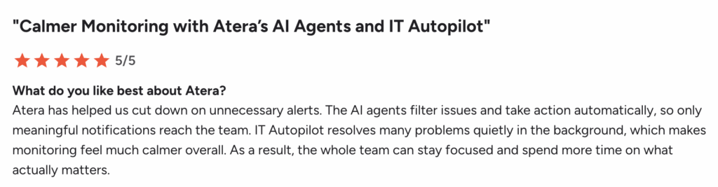 G2 user comment about Atera's Ai agent