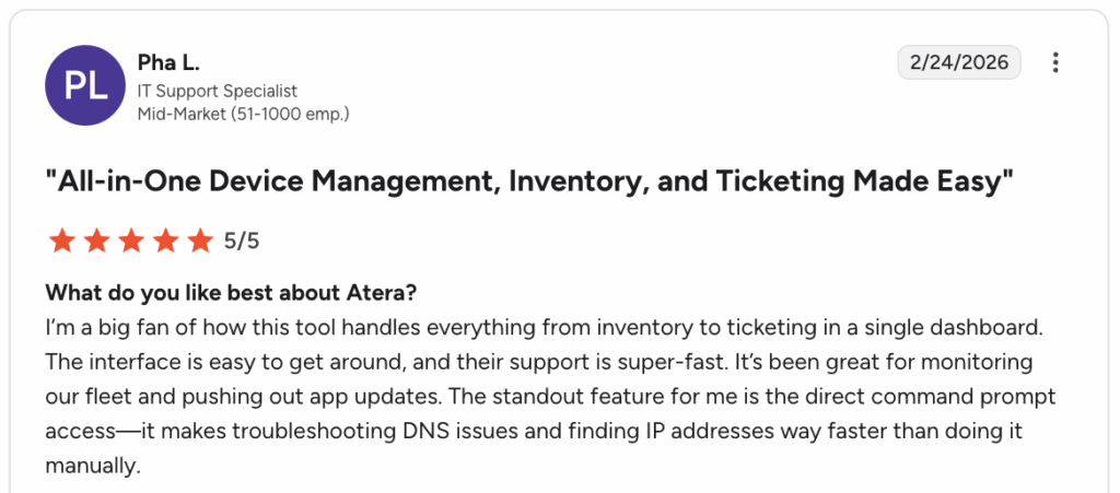 G2 user comment on Atera