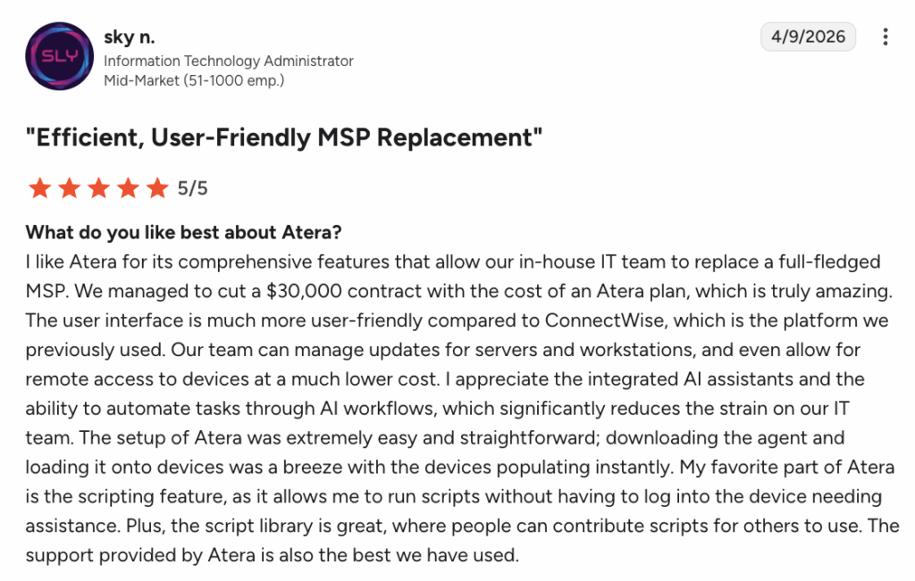 G2 user comment on Atera