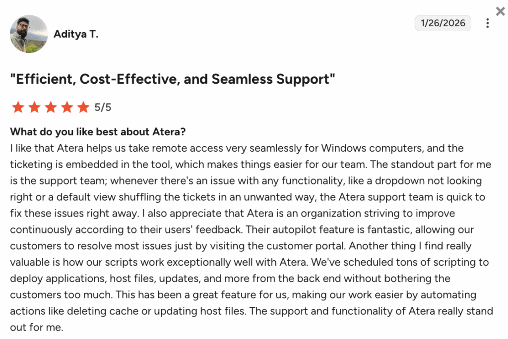 G2 user comment on Ateras support