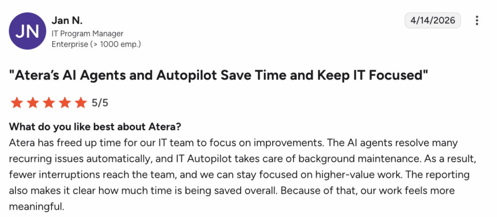 G2 user commented on Atera Robin’s capabilities