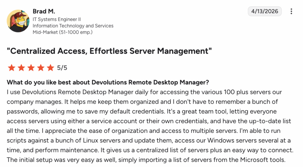 G2 user commented on Devolutions remote desktop manager