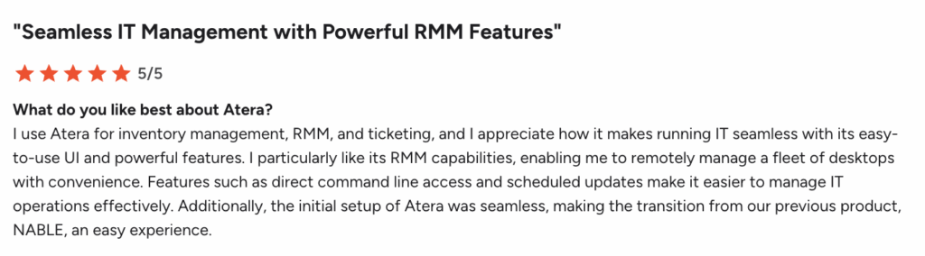 G2 user described the advantage of using Atera