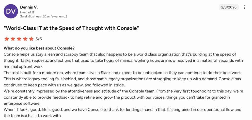 G2 user review on Console