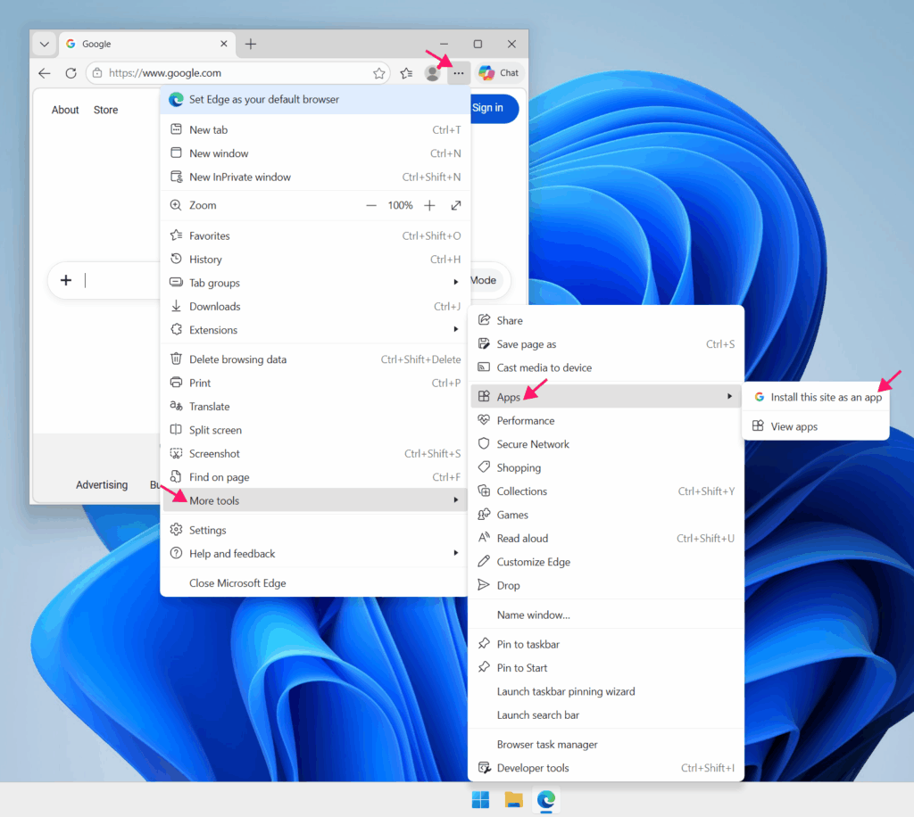 Install site as an app in Edge