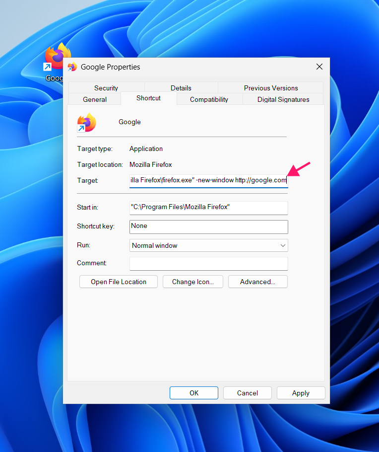 Make shortcut open in new window in Firefox