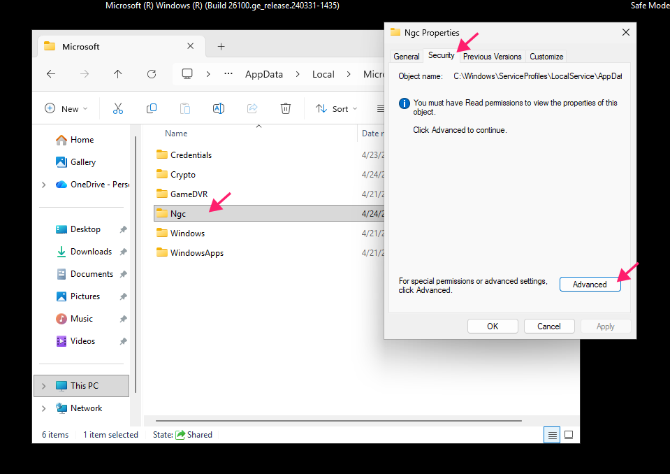 NGC security properties window