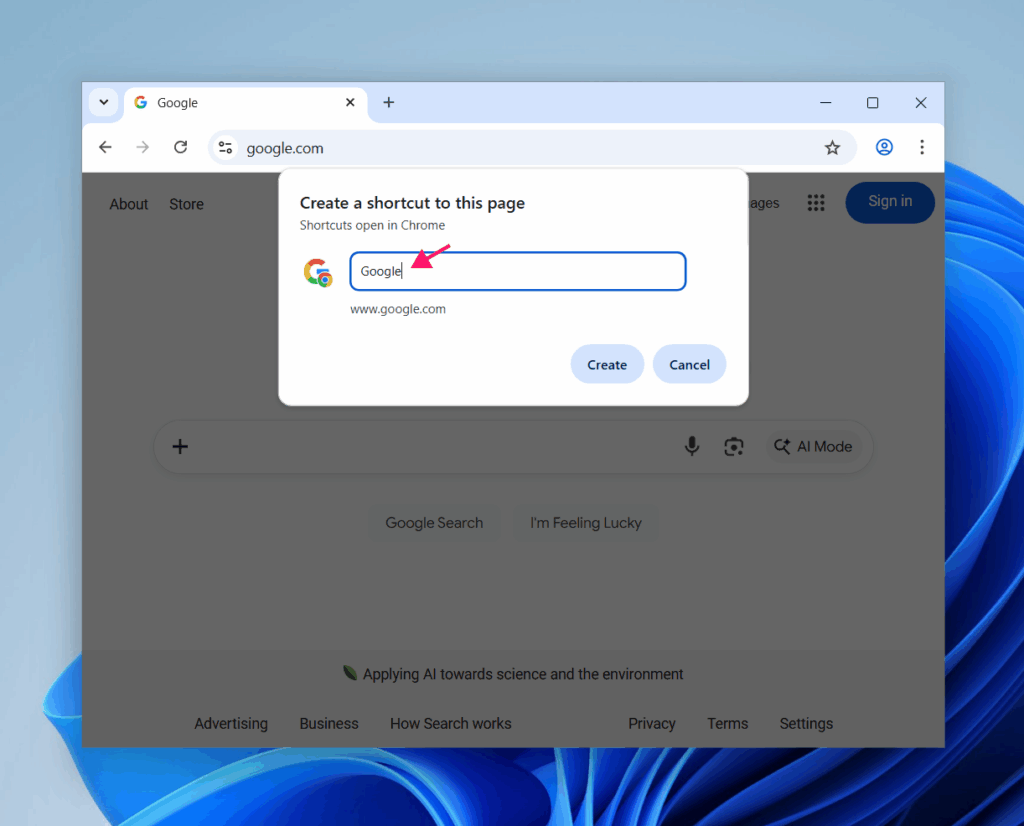 Name shortcut in Chrome