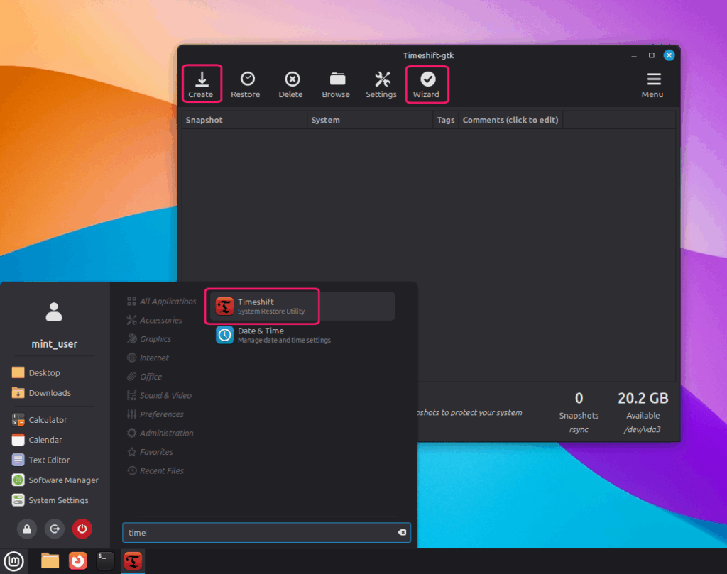Open Timeshift from application menu