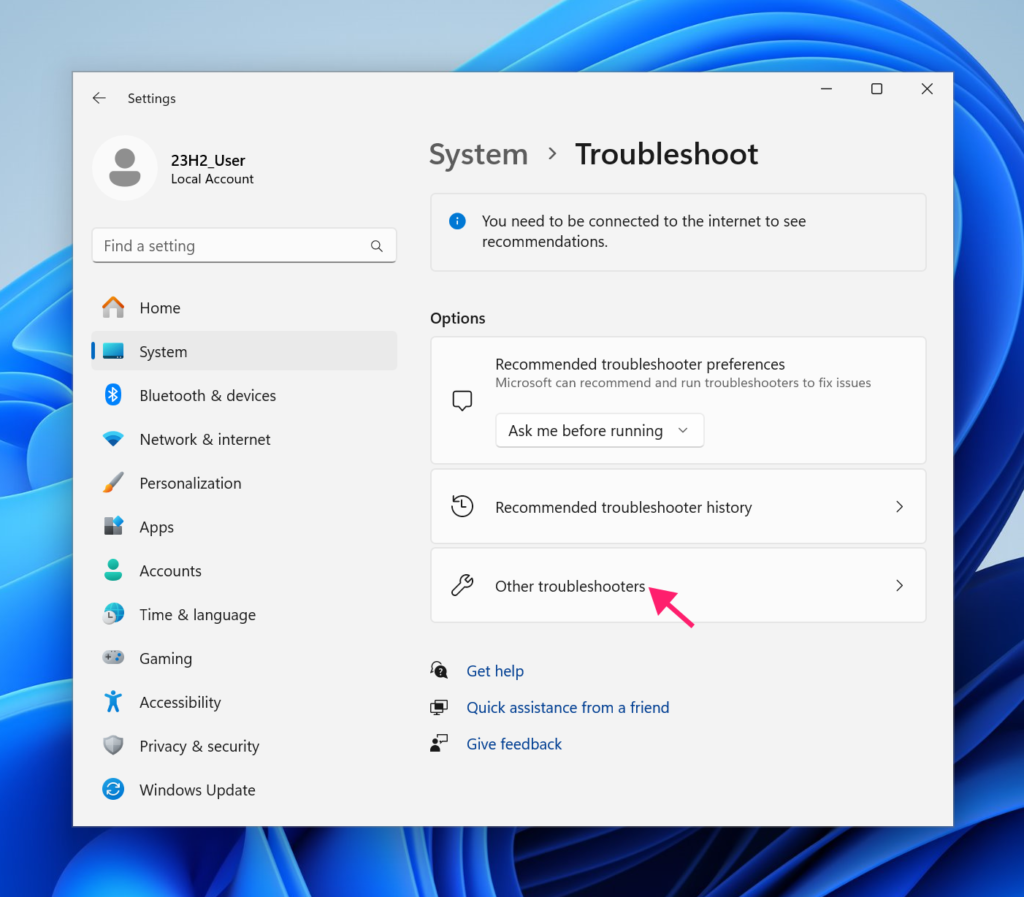 Other Troubleshooters in System Settings