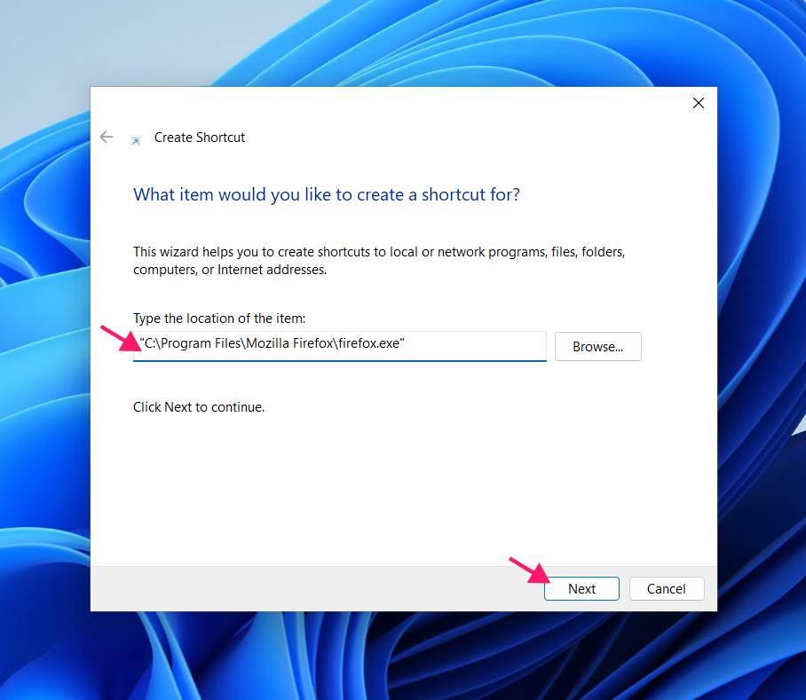 Paste Firefox directory in shortcut path