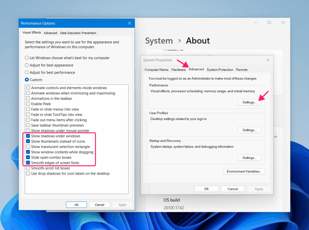 Performance settings in themes