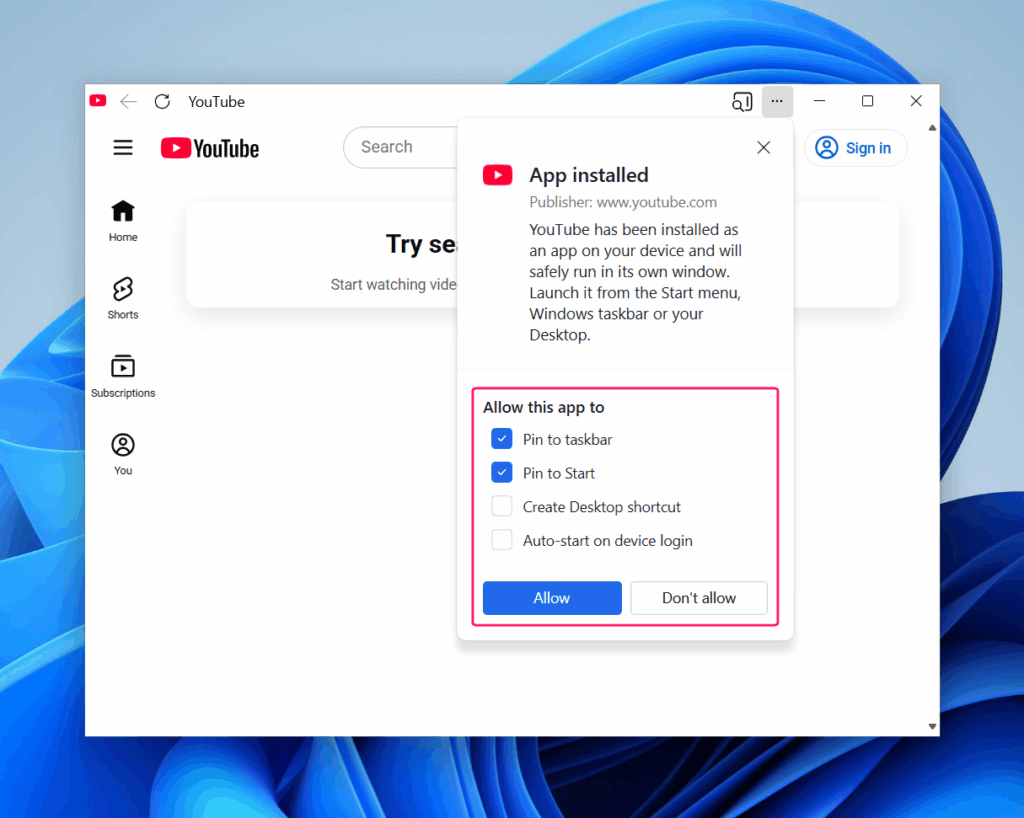 Pin PWA to taskbar in Edge