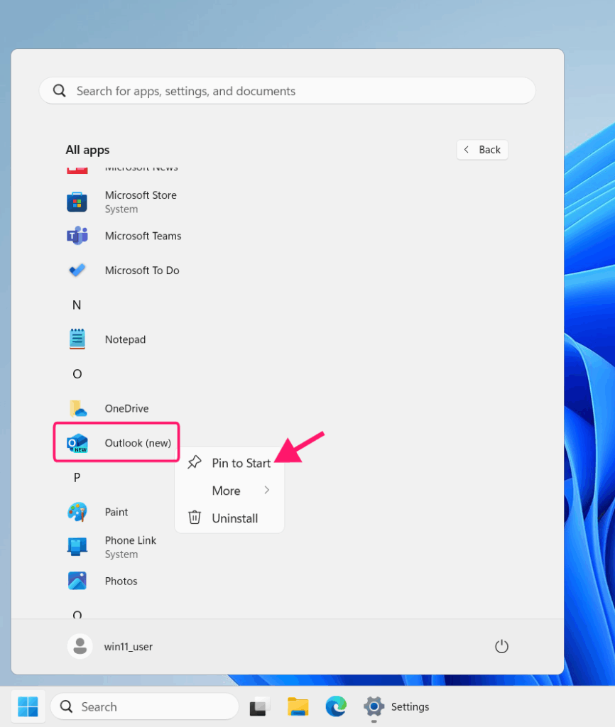 Pin app to Start menu