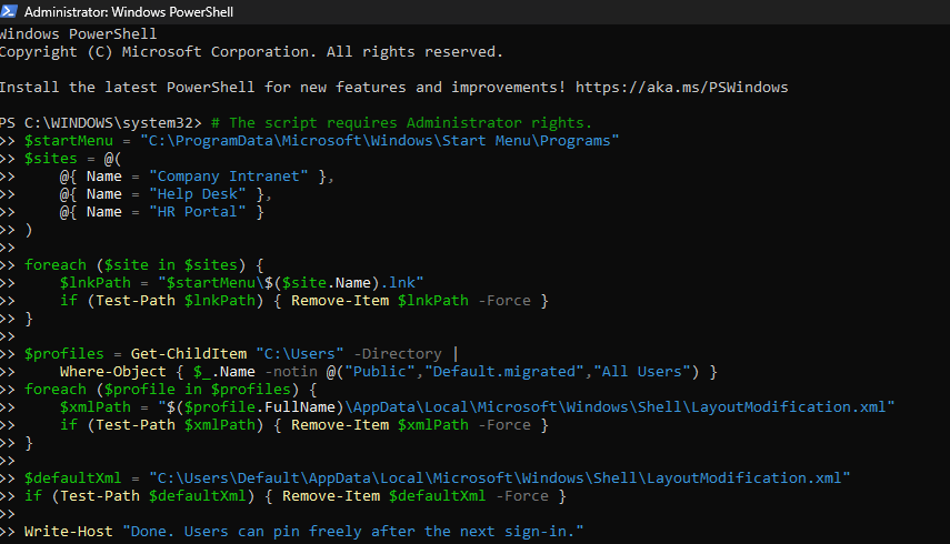 PowerShell script to remove created pins