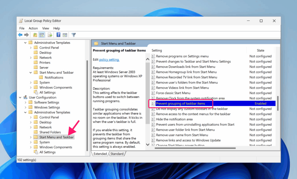 Prevent grouping of items in gpedit