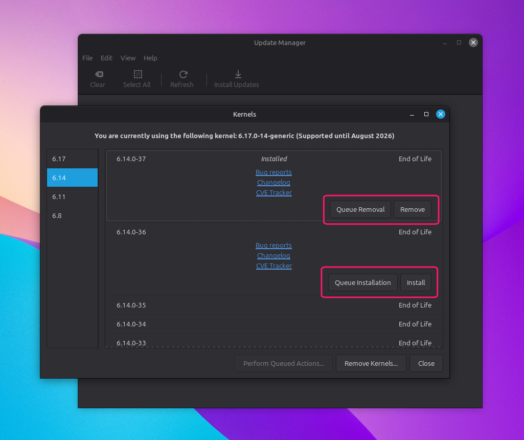 Queue or remove Linux kernels