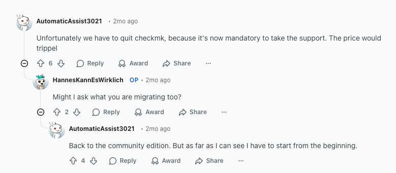 Reddit user commented on checkmk support