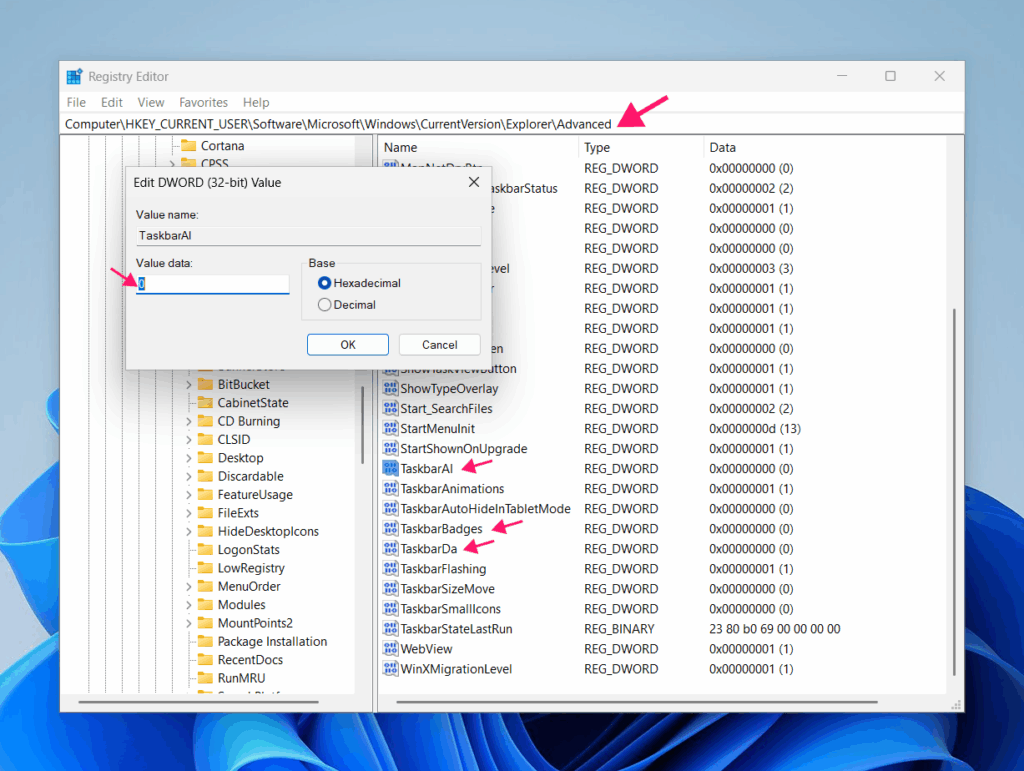 Registry values for Taskbar alignment and badges