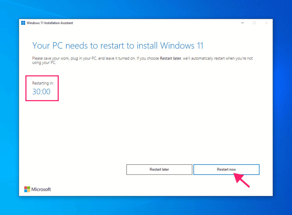 Restart PC to install Windows 11