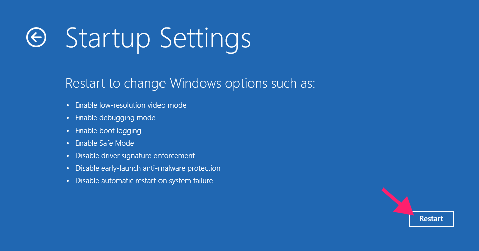 Restart button in Startup Settings