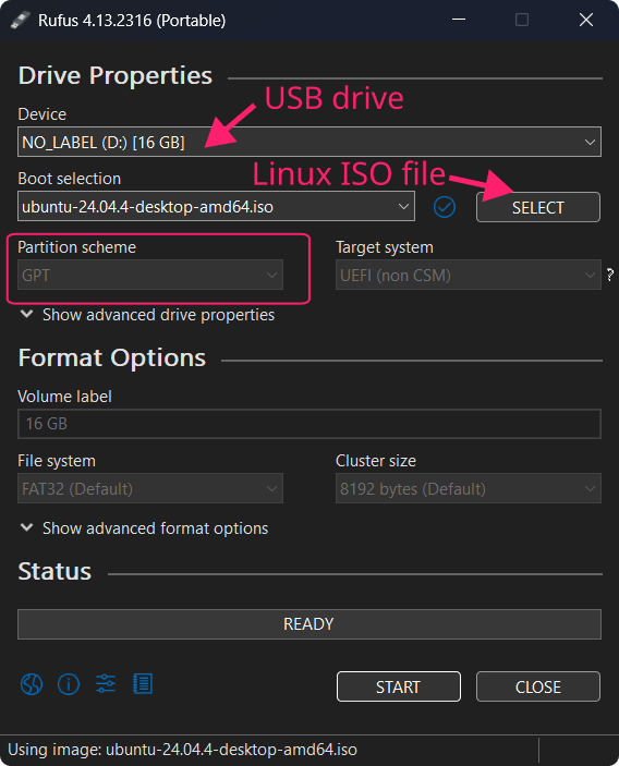 Rufus settings for installation media