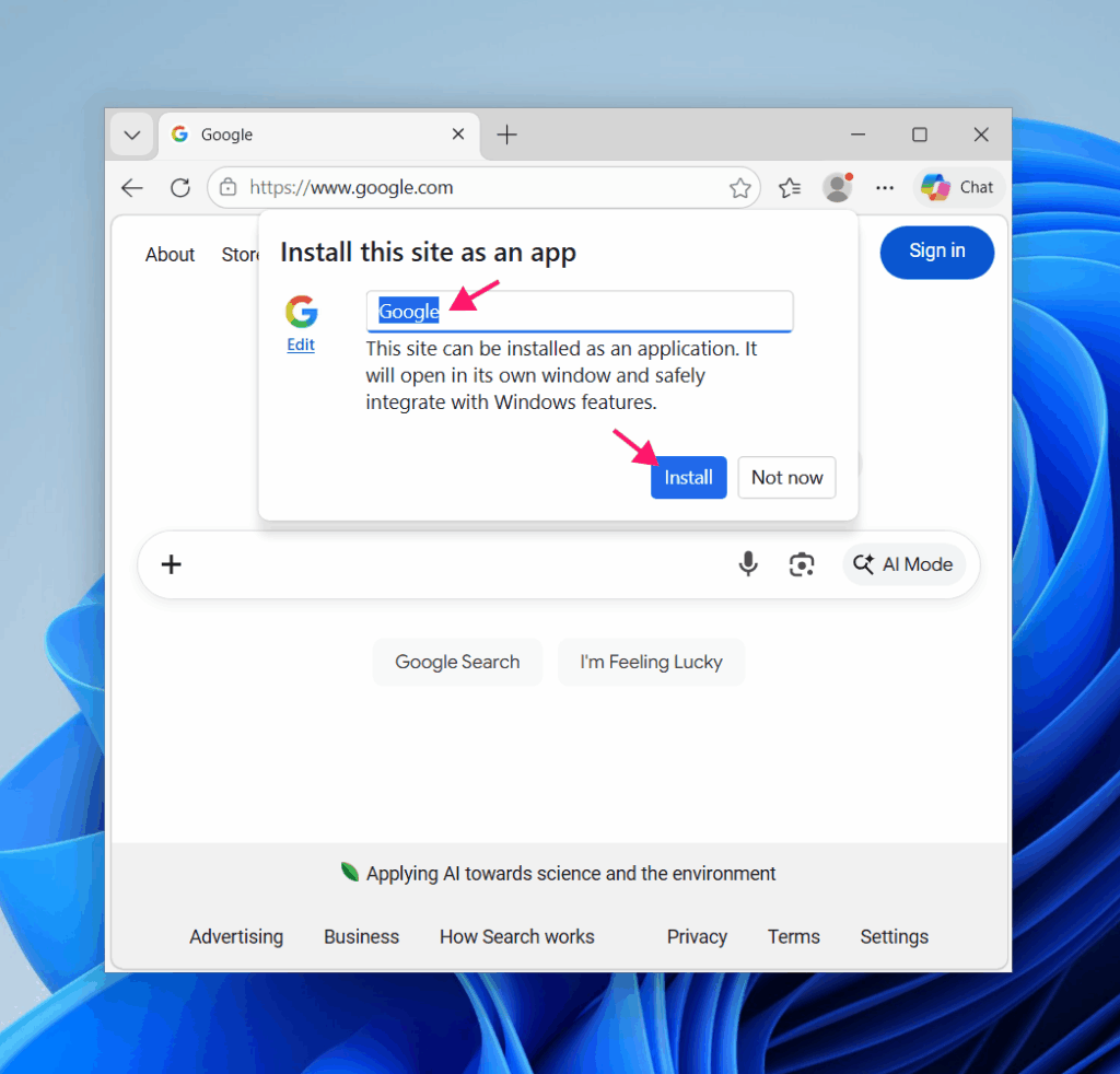 Save installed site shortcut in Edge