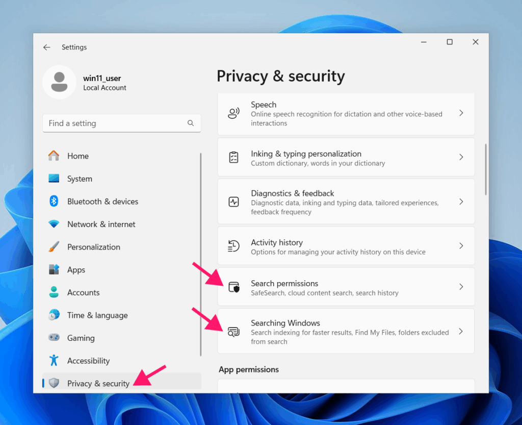 Search permissions in Settings