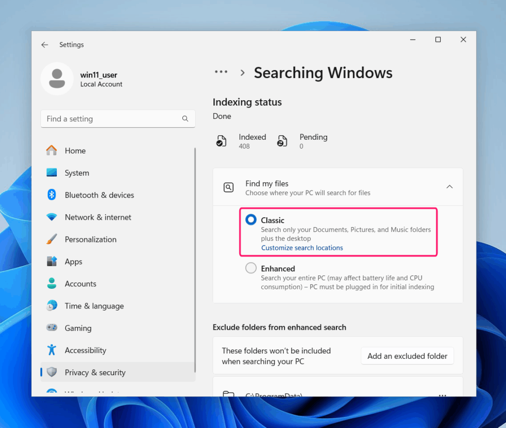 Searching Windows section in Settings and search permissions