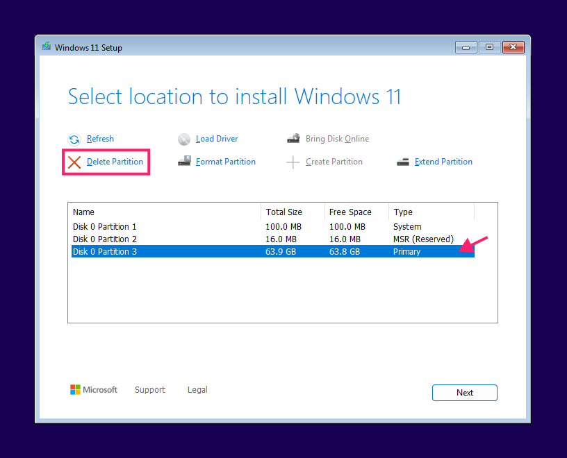Select Windows installation disk partition