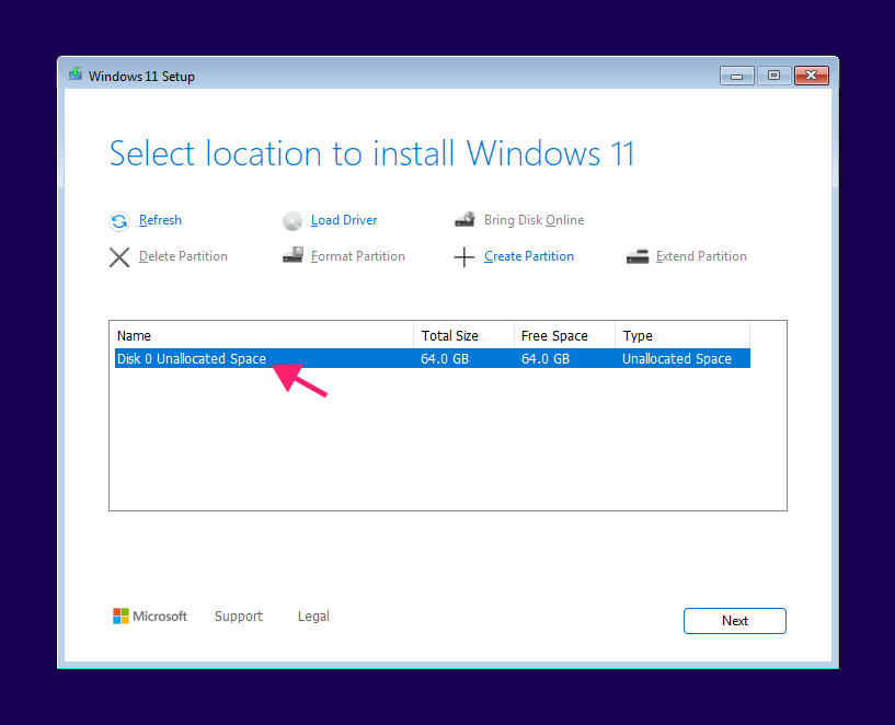 Select location to install Windows 11