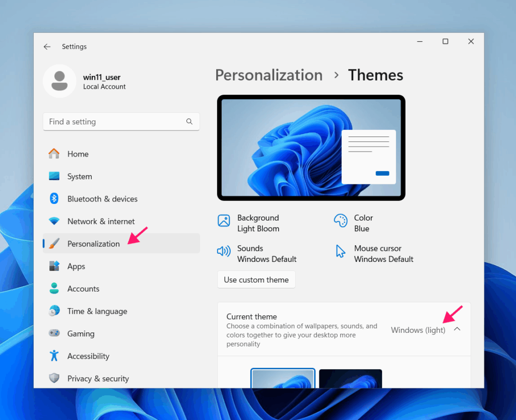 Setting themes in Windows 11