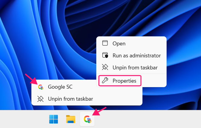 Shortcut properties button for Chrome