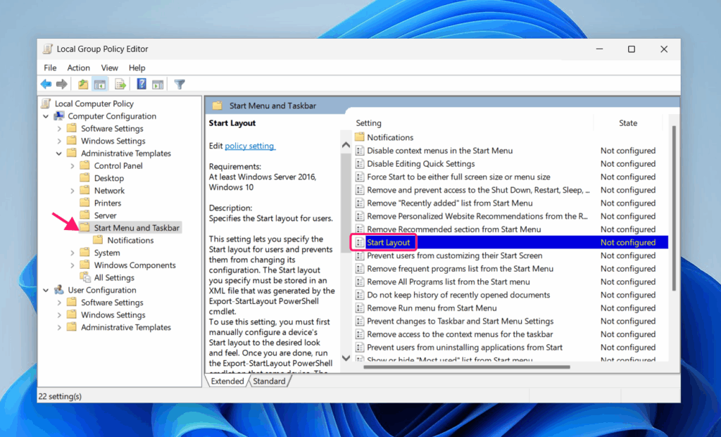 Start layout policy in gpedit