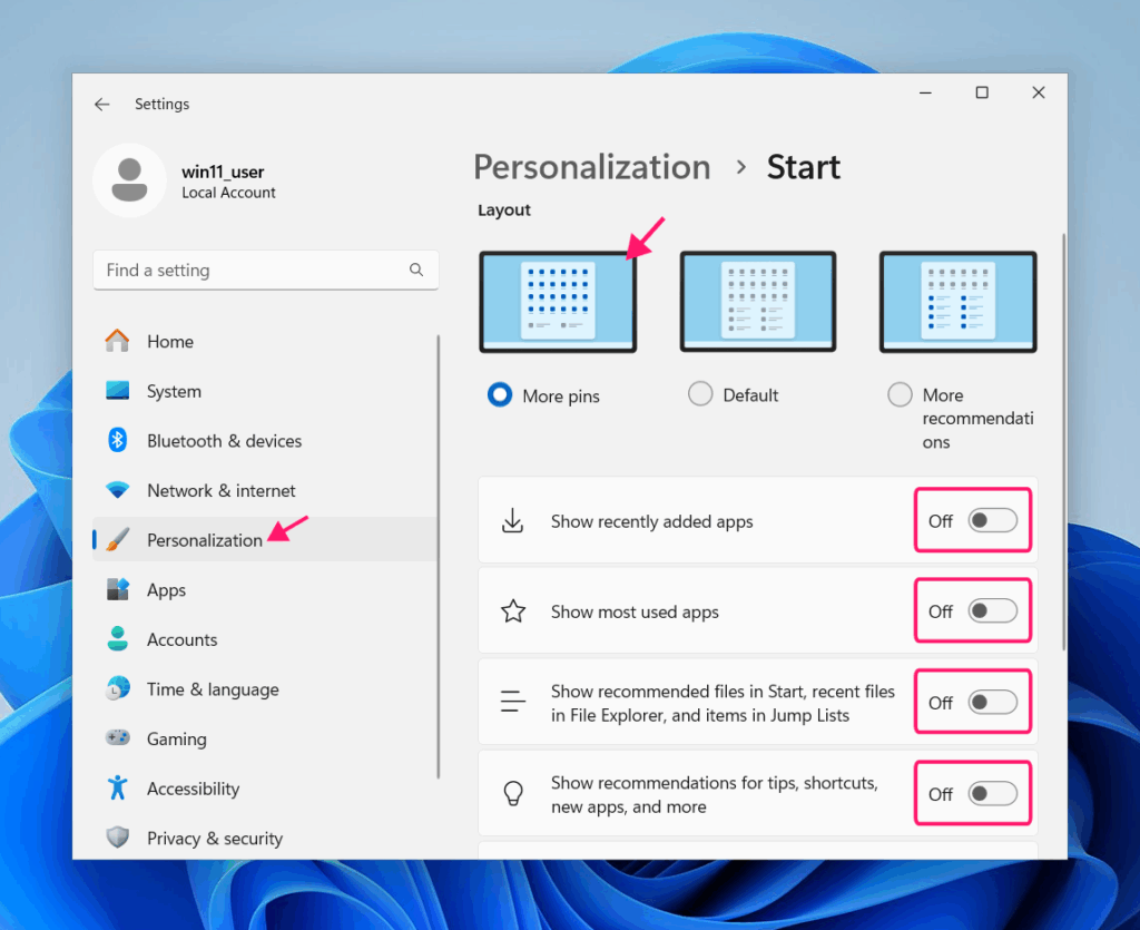Start menu personalization in Settings