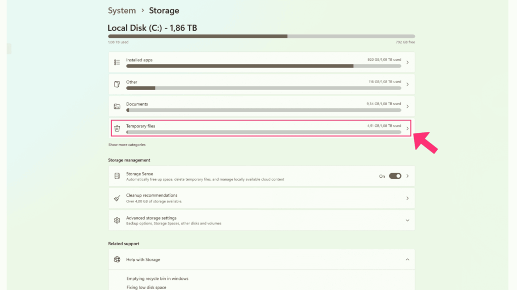 Storage settings in System settings