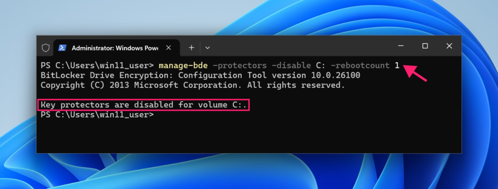 Suspend Bitlocker for one reboot