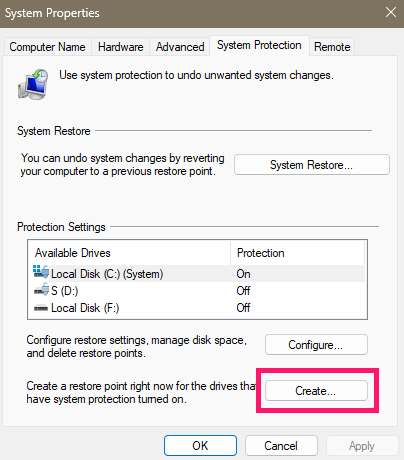 System Properties window