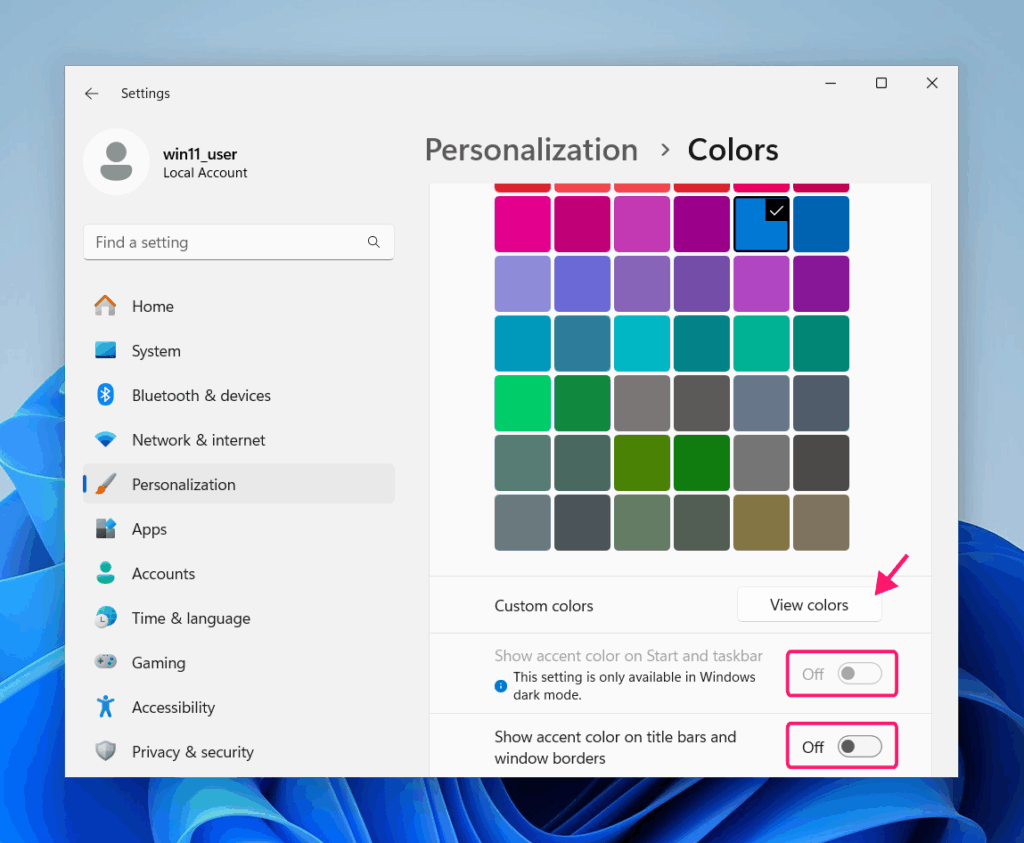 View custom colors