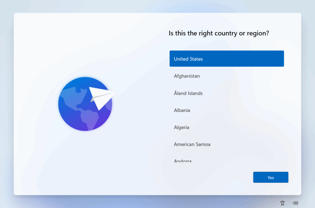 Windows 11 setup country select