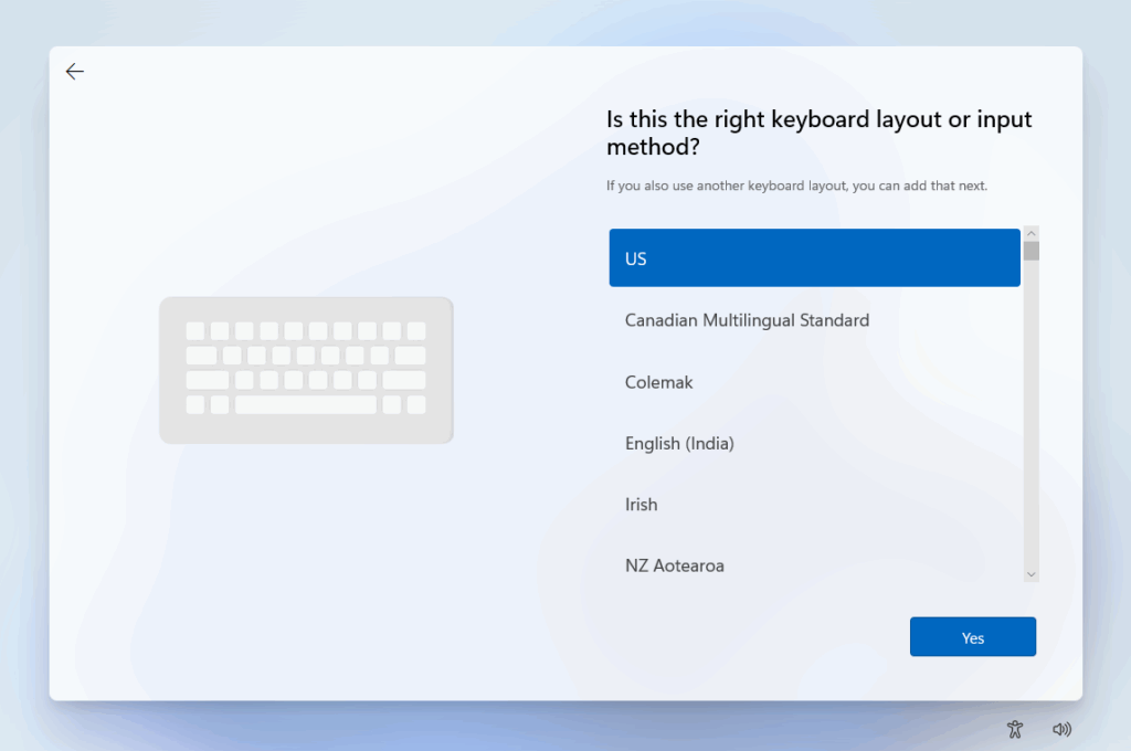 Windows 11 setup keyboard select