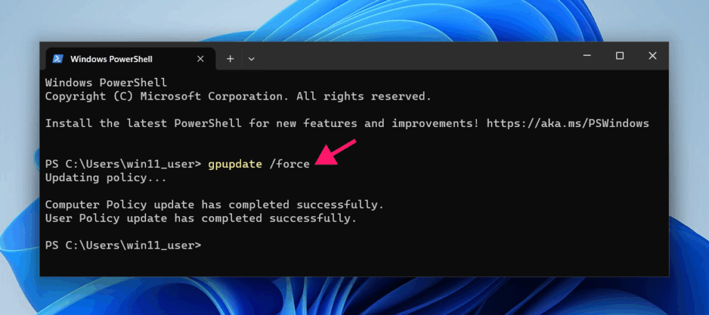 gpupdate force command in Command Prompt