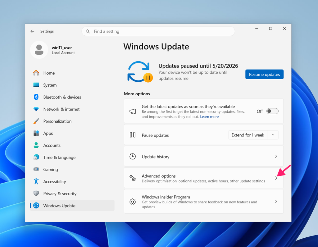 Advanced Options in Windows Update settings