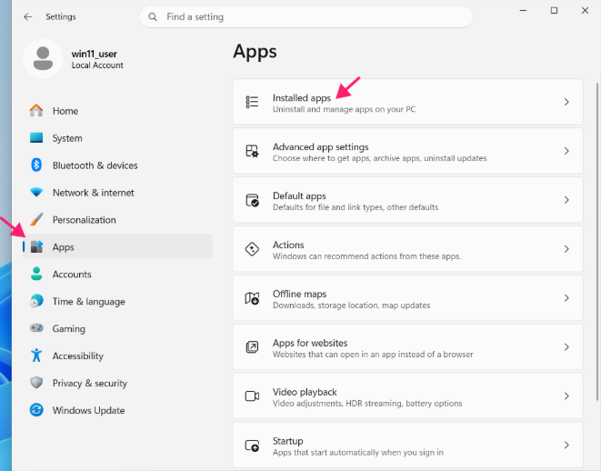 Apps > Installed apps