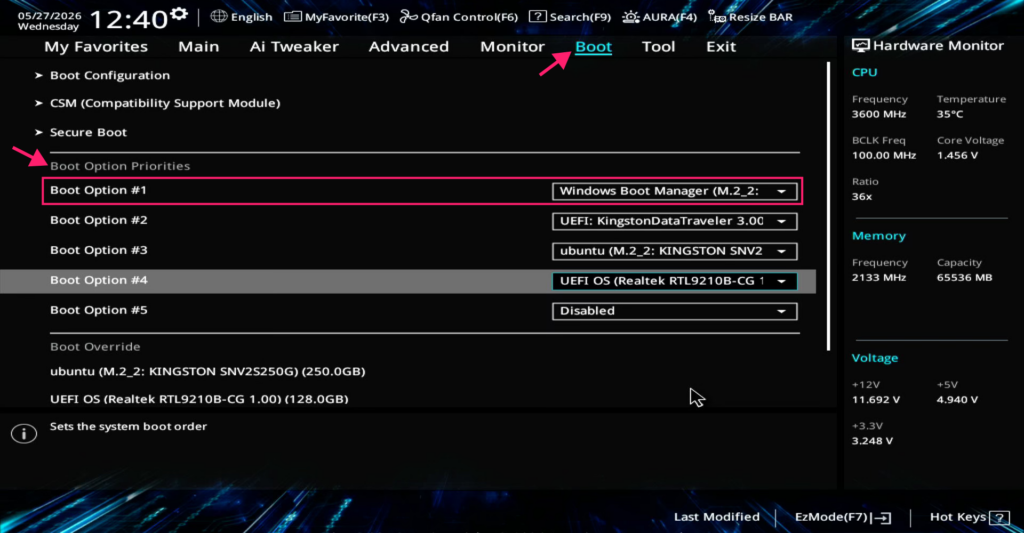 Boot order on UEFI firmware